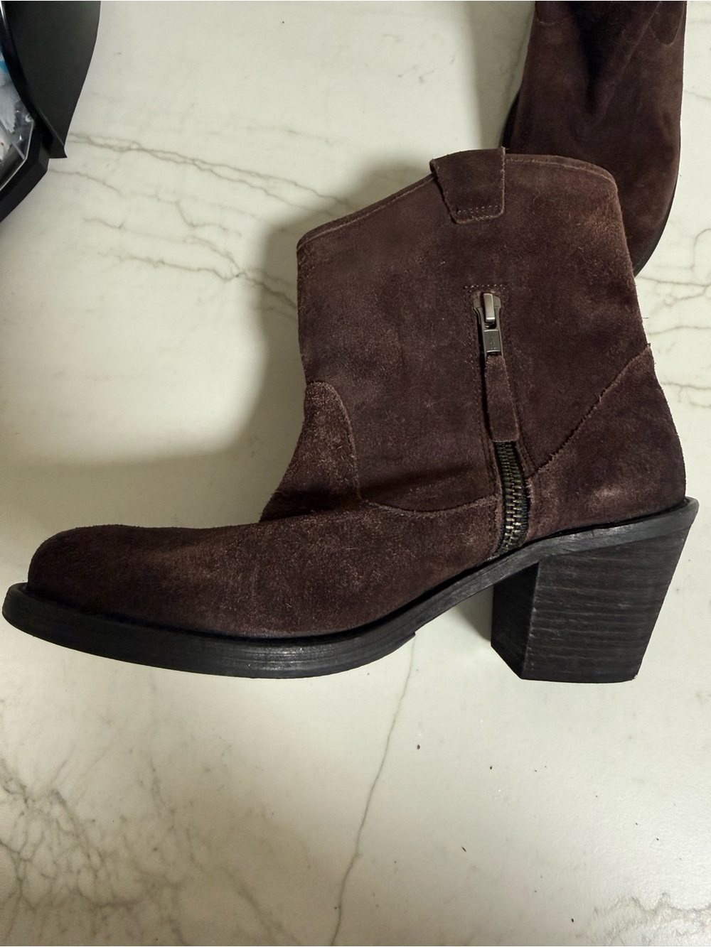 Adam Tucker Dark Brown Suede Mid-Heel Ankle Boot